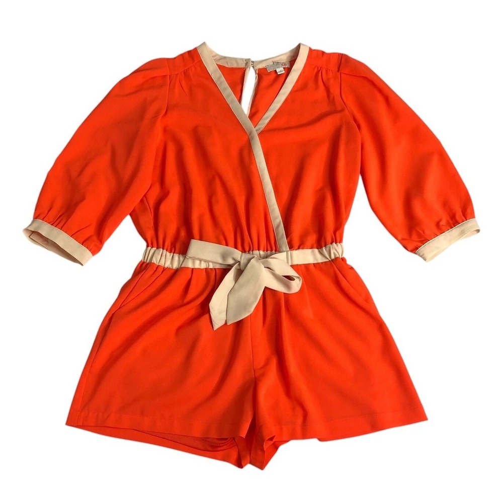 Gianni Bini GB Romper Women L Orange Puff Sleeve Tie Waist Faux Wrap Retro Beach